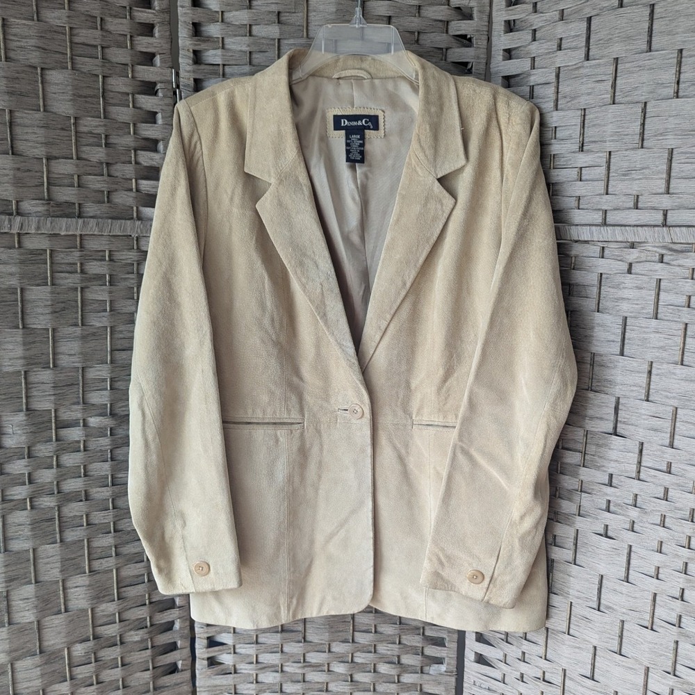 Vtg 90s Blazer Jacket Tan Genuine Suede Leather Single Button Front Sz‎ L *READ